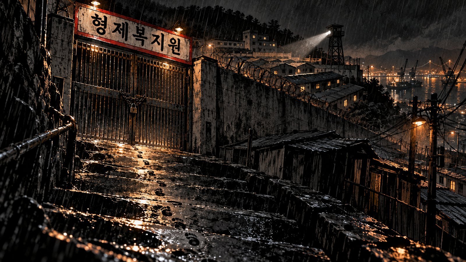 The chained iron gate of Brothers Home on a rainy Busan hillside at night, a searchlight sweeping the steps