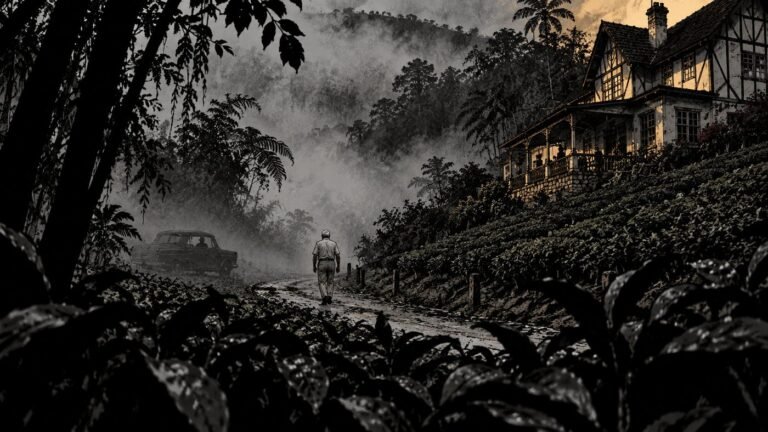 A grey-haired man walks down a misty gravel road below a Tudor bungalow in the Cameron Highlands as a dark car waits at the bend