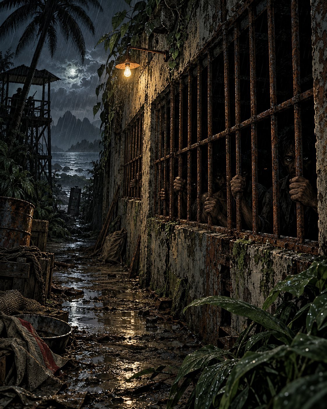 Thin men grip the rusted bars of a cage on a rainy night on a tropical island