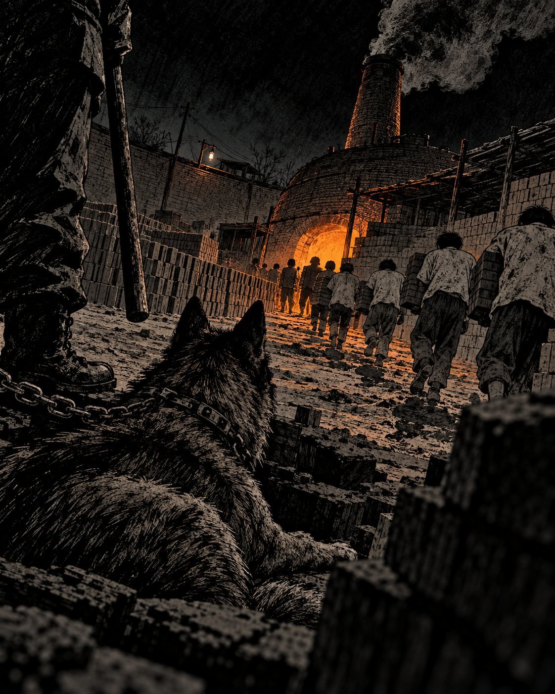 Teenage boys carry bricks toward a glowing kiln at night while a chained guard dog watches
