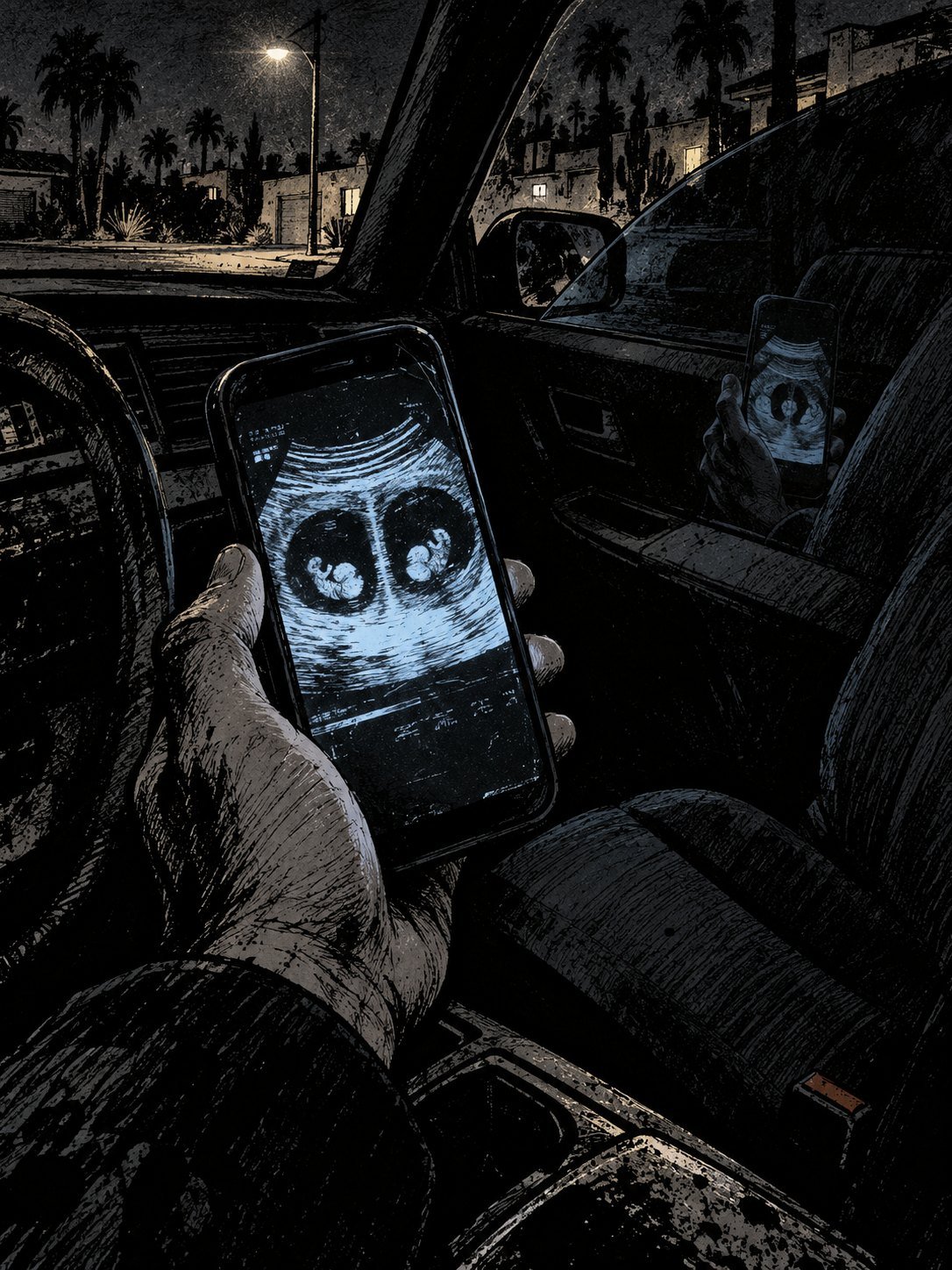 Night, a car parked in a desert suburb: a man's hand holds a phone, the screen glowing with a grainy black-and-white twin ultrasound image, two small blank shapes inside two dark o