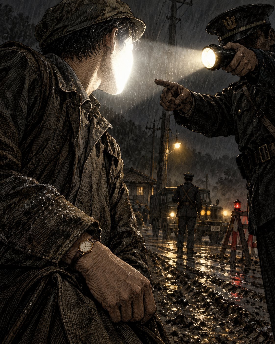 A police officer shines a flashlight into a young man's face at a rainy 1980s Korean checkpoint while a woman's wristwatch shows on his wrist
