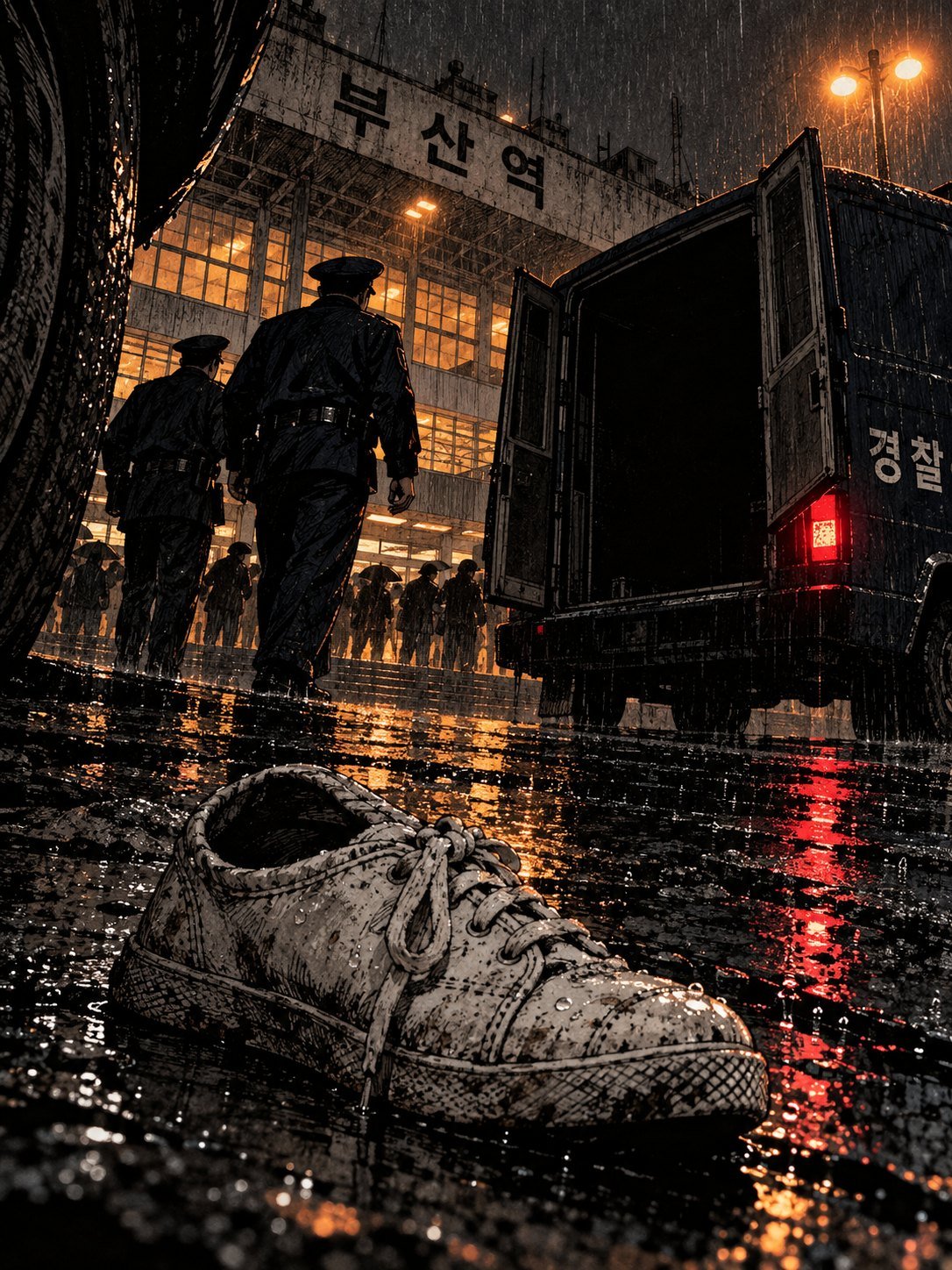 A small child's shoe on wet paving outside Busan Station at dusk, with an open police van behind it