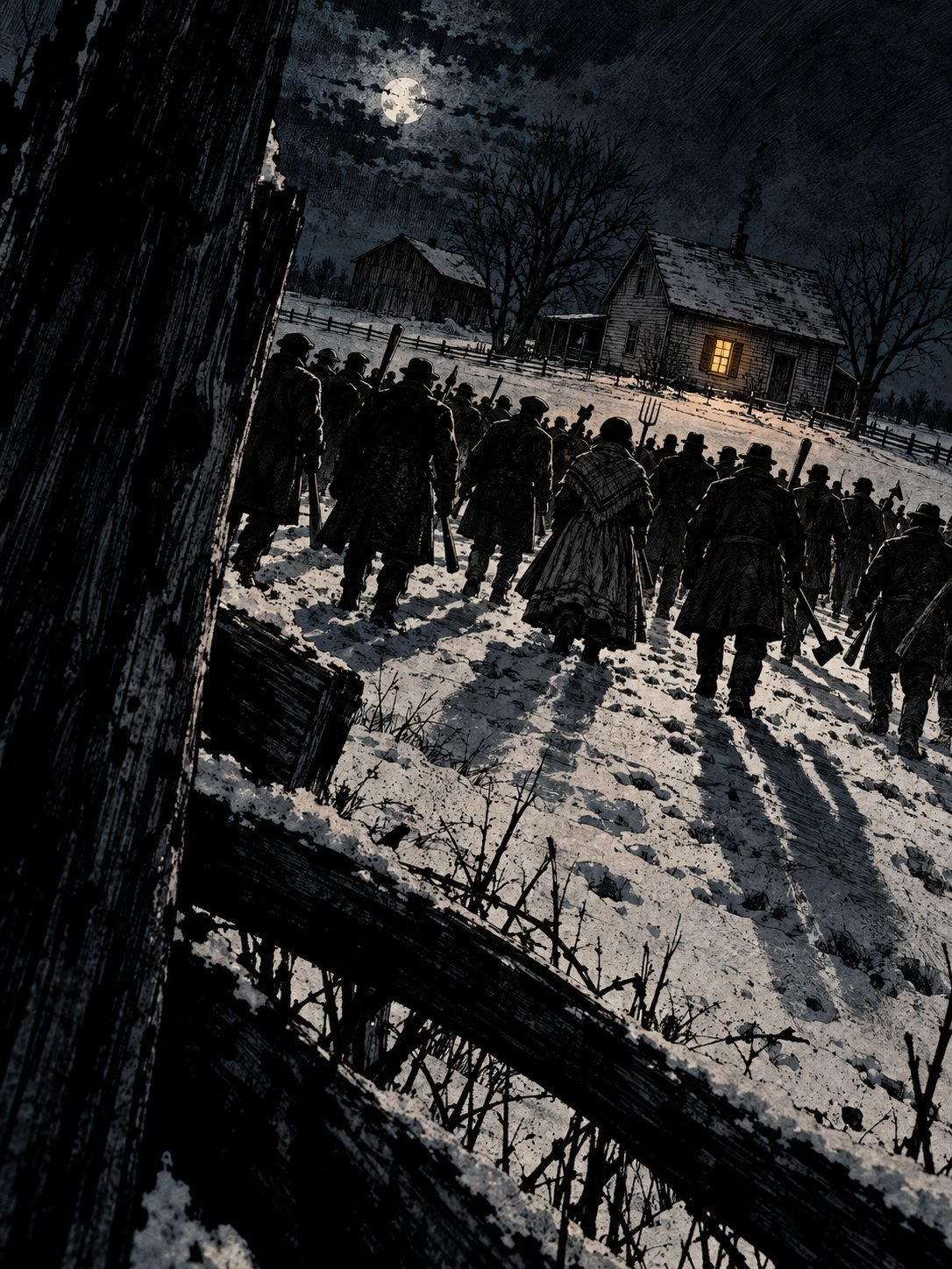 A crowd of men with clubs and farm tools walks across a moonlit snowy field toward a farmhouse with one lit window