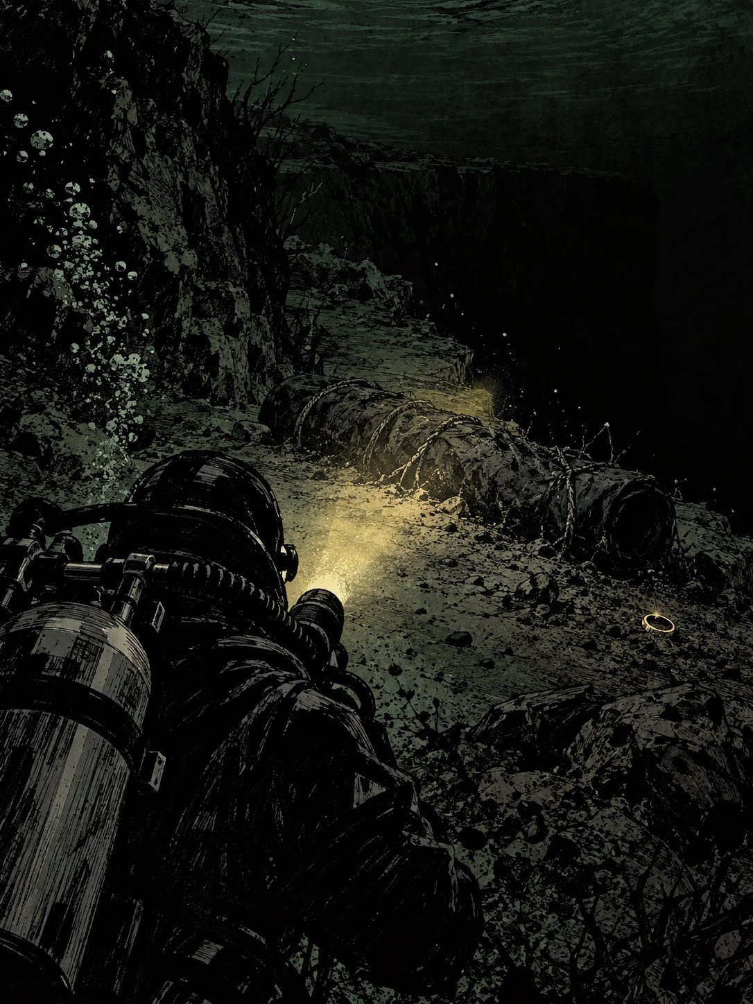 1984, the bottom of Wast Water: a police diver seen from behind, torch beam cutting through green-black water toward a dark rolled bundle resting on a rock ledge, the ledge droppin