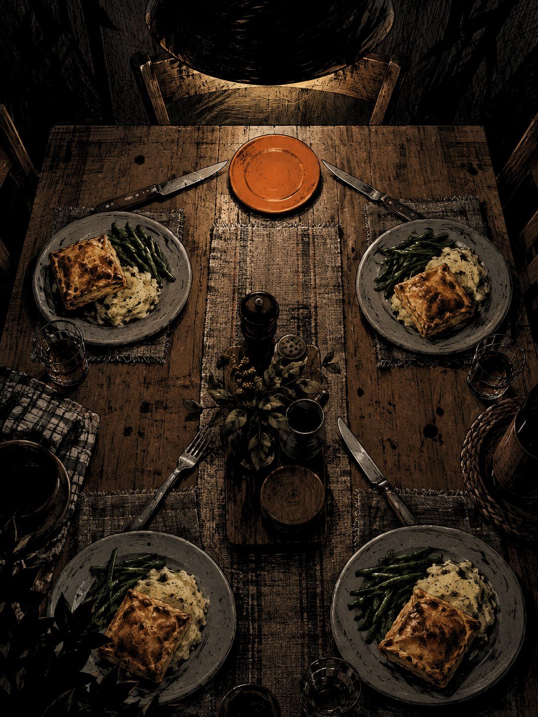 A dining table from above: four grey plates with beef Wellington, mash and beans, and one small orange plate at the head