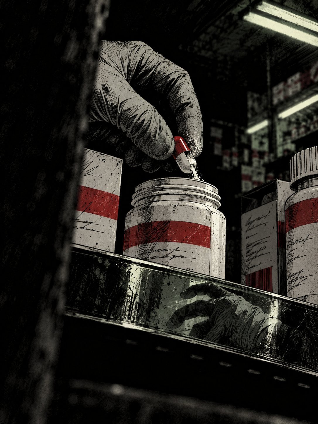 A gloved fingertip pressing a single red-and-white capsule back into an open pill bottle on a drugstore shelf at night. The capsule seam is visibly pried open and a thin line of wh