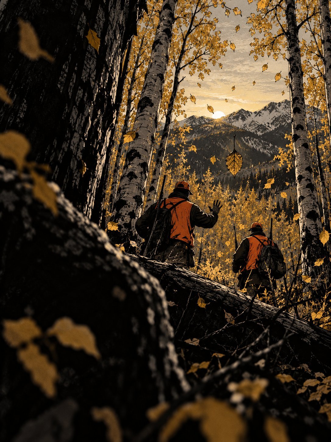 Gold aspen woods above Salt Lake City at dawn, two hunters in orange vests seen from behind, one raising a hand to stop