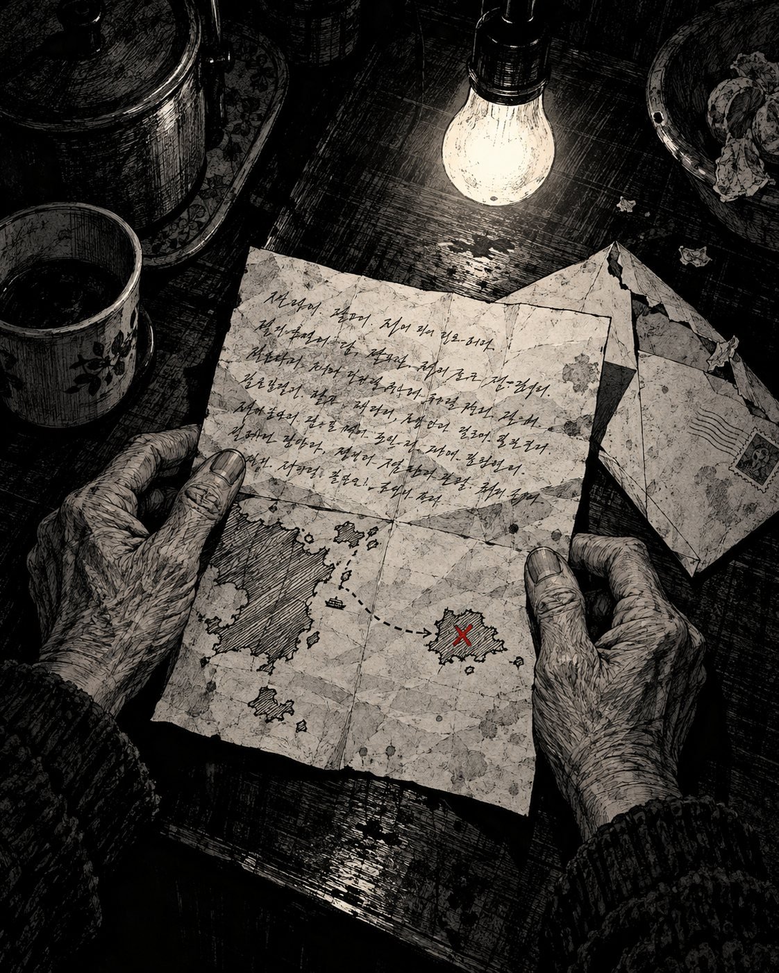 An elderly mother's hands hold a handwritten letter with a hand-drawn island map marked with a red X