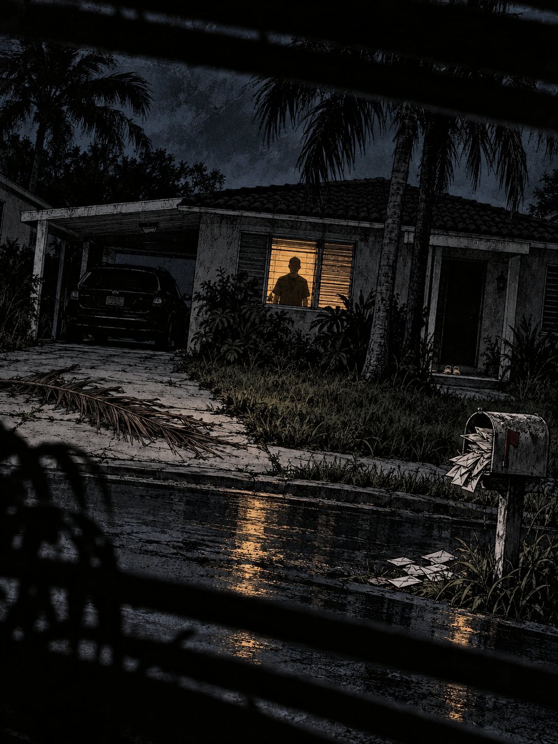 Seen through window blinds at night, a man's silhouette stands in the only lit window of a small Florida house with an overflowing mailbox