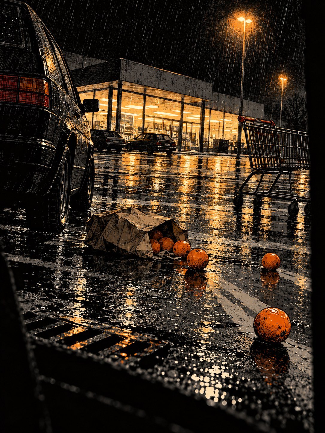 Oranges rolling from a paper bag across a wet supermarket car park at night