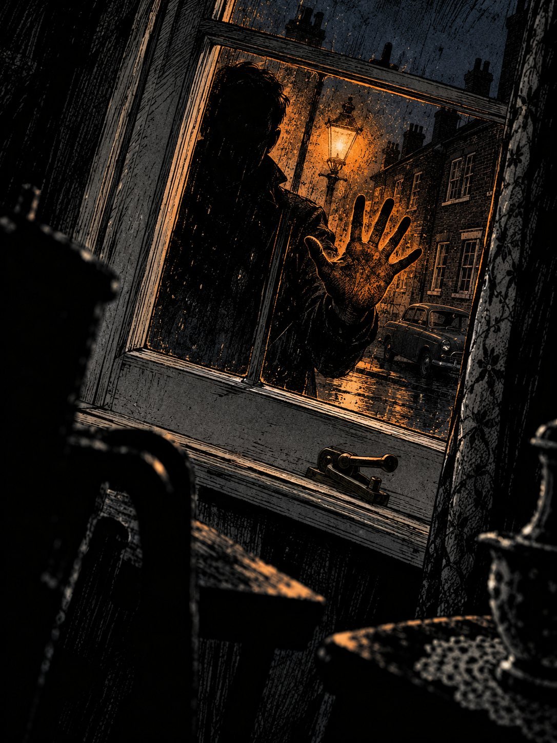 Bristol, June 1967, after midnight. From inside a dark terraced-house parlour: a white sash window, and pressed flat against the outside of the glass, a man's open palm, fingers sp
