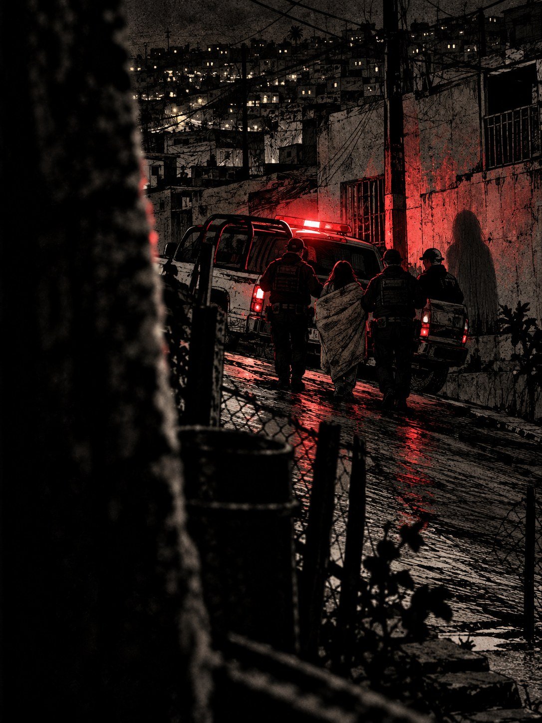 Night, a hillside street in Tijuana: a municipal police pickup with its light bar on, a woman seen from far behind being walked toward it by two officers, a blanket over her should