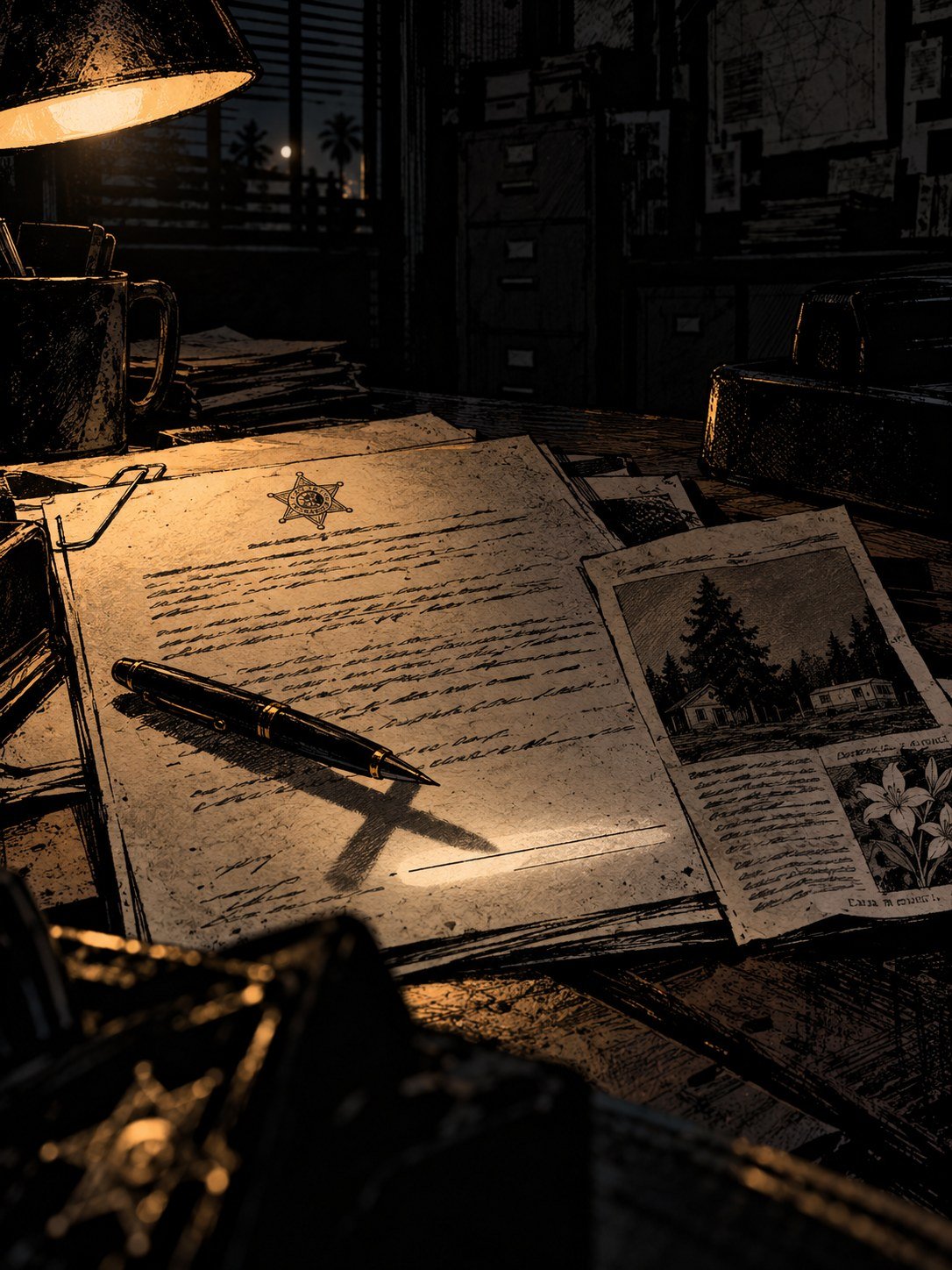 Present day: a sheriff's office at night. On the desk, under a lamp, a freshly printed arrest warrant with a signature line still blank, a pen lying across it