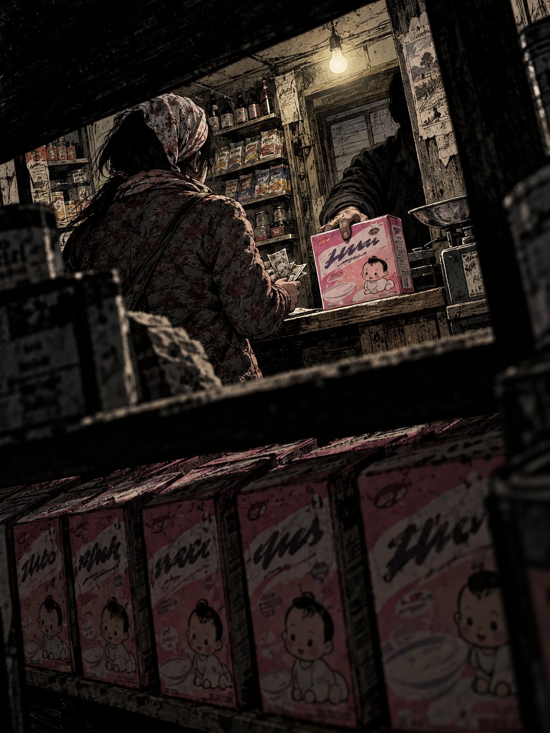A rural mother pays for a pink box of baby formula at a dusty village shop counter lined with identical boxes