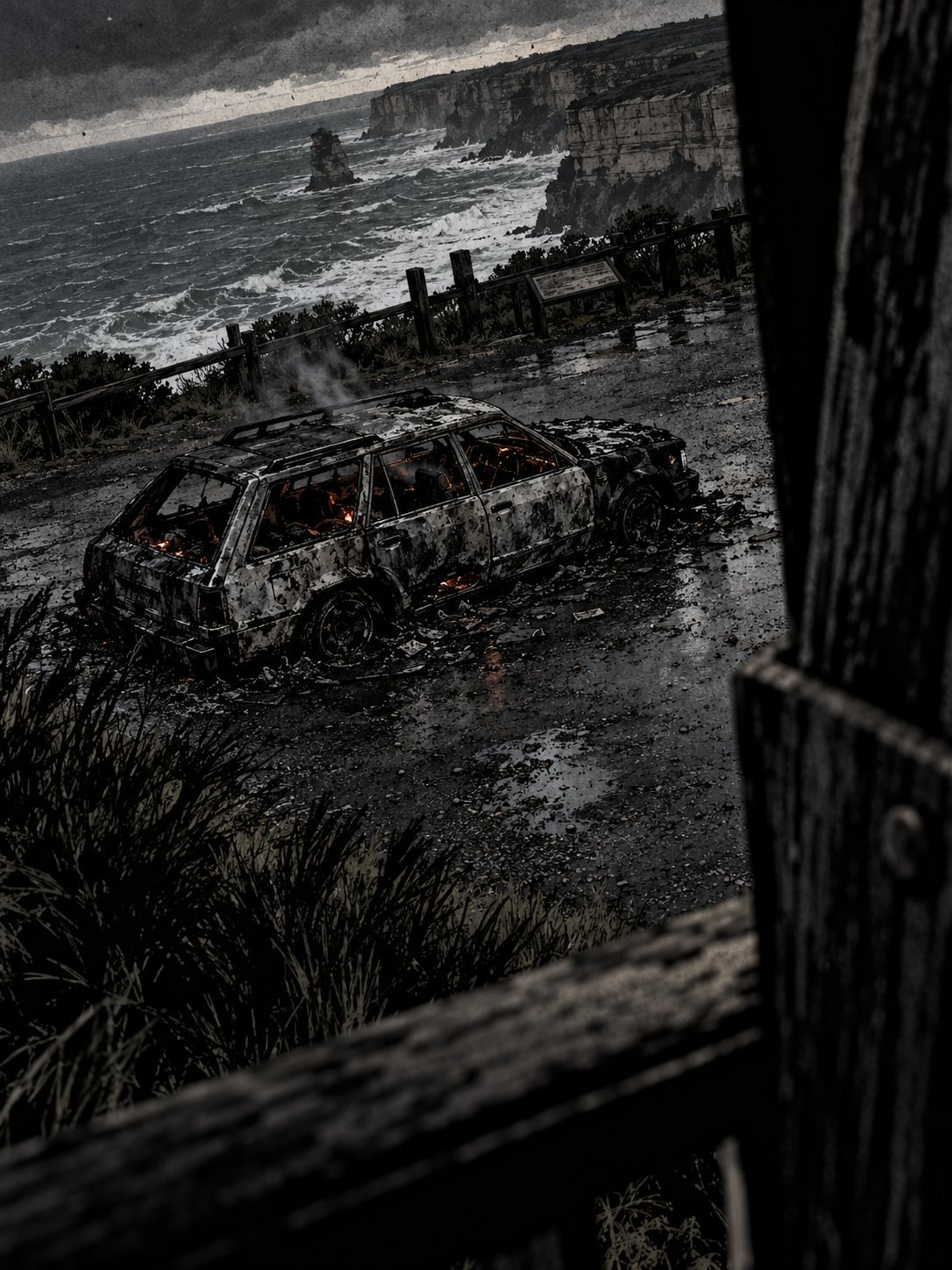 A burnt-out station wagon at a clifftop lookout, seen through its own melted driver's window: the interior is black ash, smoke curling, the wild grey sea beyond