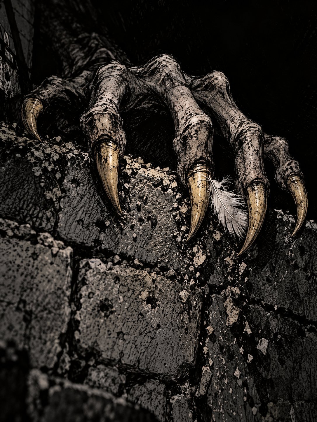 Only the creature's hand fills the frame: four impossibly long, thin pale fingers with knuckles like knots, ending in curved yellowish claws, dug into the crumbling top of a stone