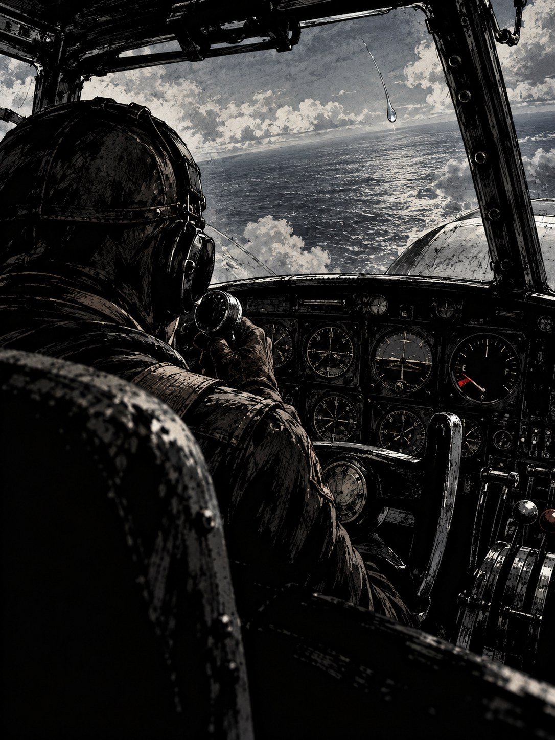 July 2, 1937, morning over the Pacific: the cramped cockpit of a 1930s silver twin-engine Lockheed Electra 10E monoplane with twin tail fins, round analog dials, a leather-helmeted