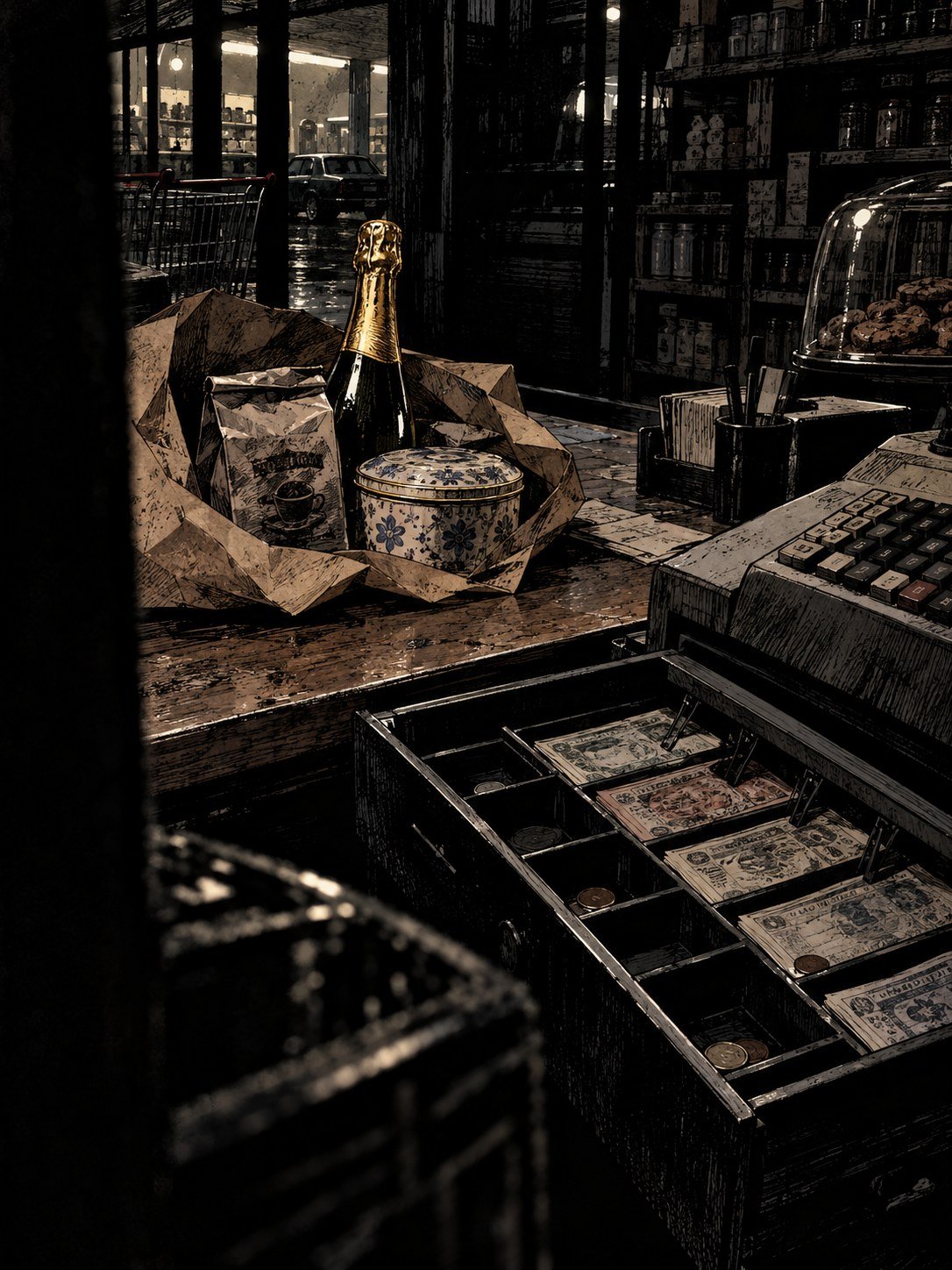 A shop counter with champagne, coffee and a biscuit tin beside an open till