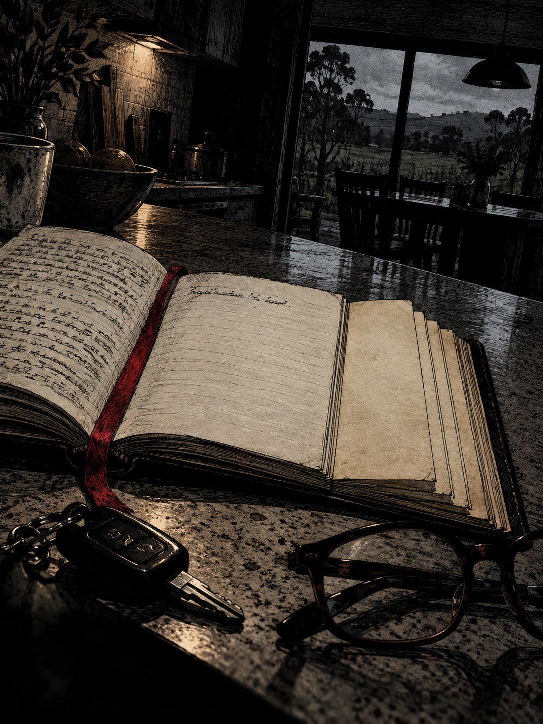An open paper diary on a kitchen bench beside a car key and reading glasses, a red ribbon bookmark