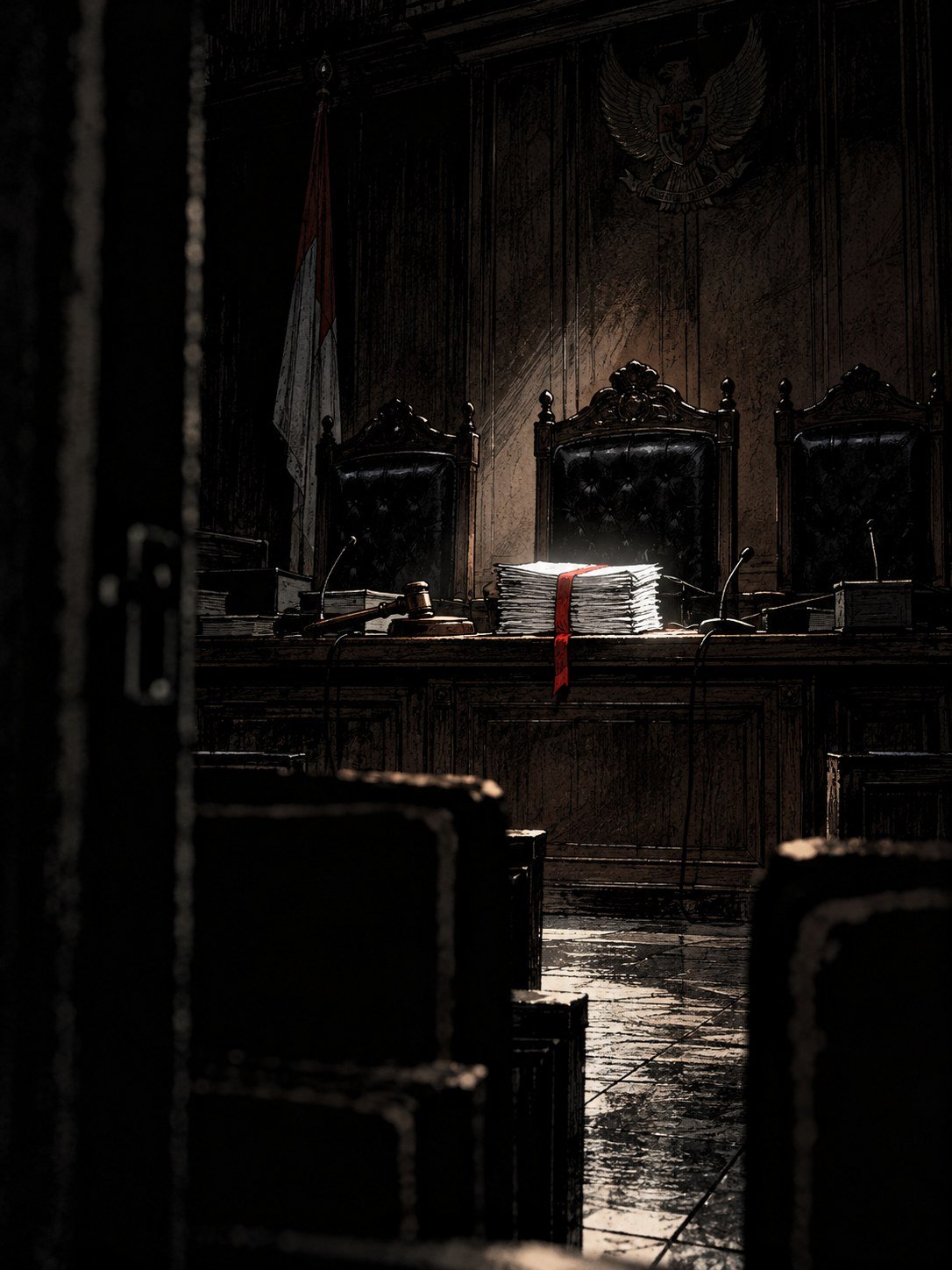 An empty Indonesian courtroom with a thick verdict tied in red ribbon on the bench