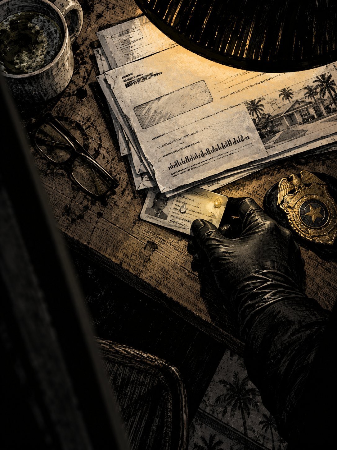 A gloved hand slides a driver's license from under unopened bills beside a gold police badge