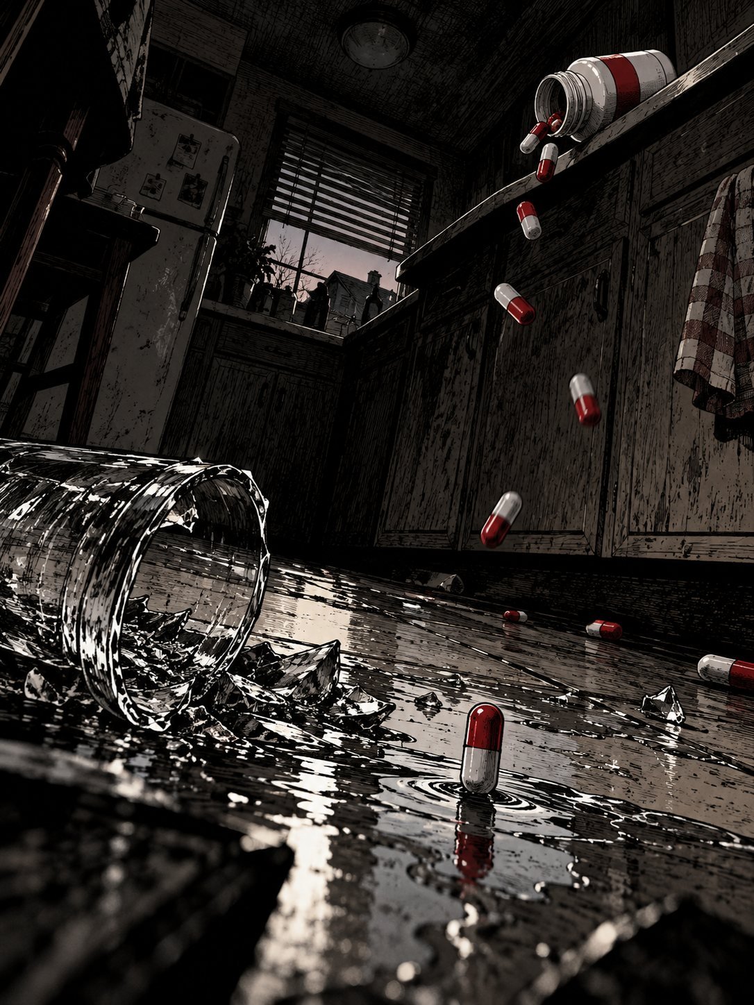 A 1980s kitchen at dawn seen from the floor: a glass of water has just shattered on the tiles in the foreground, water spreading toward the camera. High above, on the counter edge,