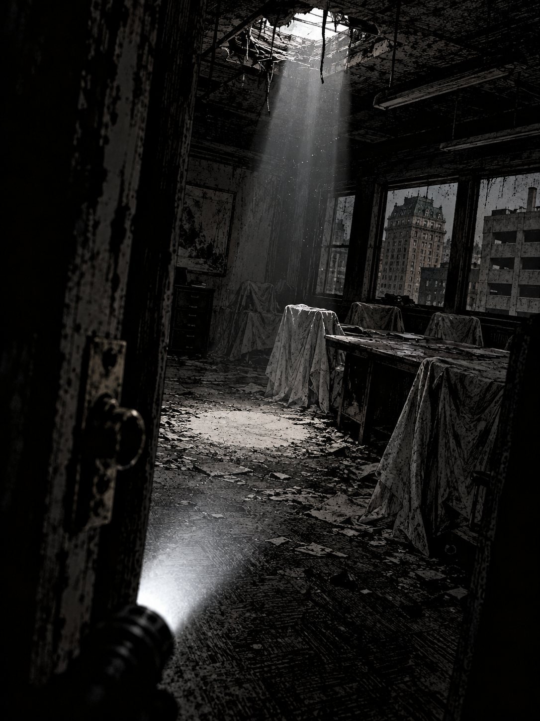 A shaft of grey light falls through a ragged ceiling hole into a dusty abandoned meeting room as a flashlight beam enters