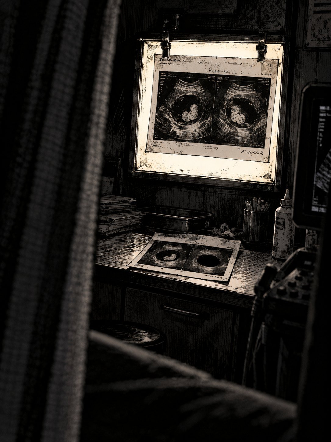A dim ultrasound room: a twin ultrasound printout clipped to a glowing lightbox, two small blank shapes in two dark ovals. On the counter, a second copy of the same printout