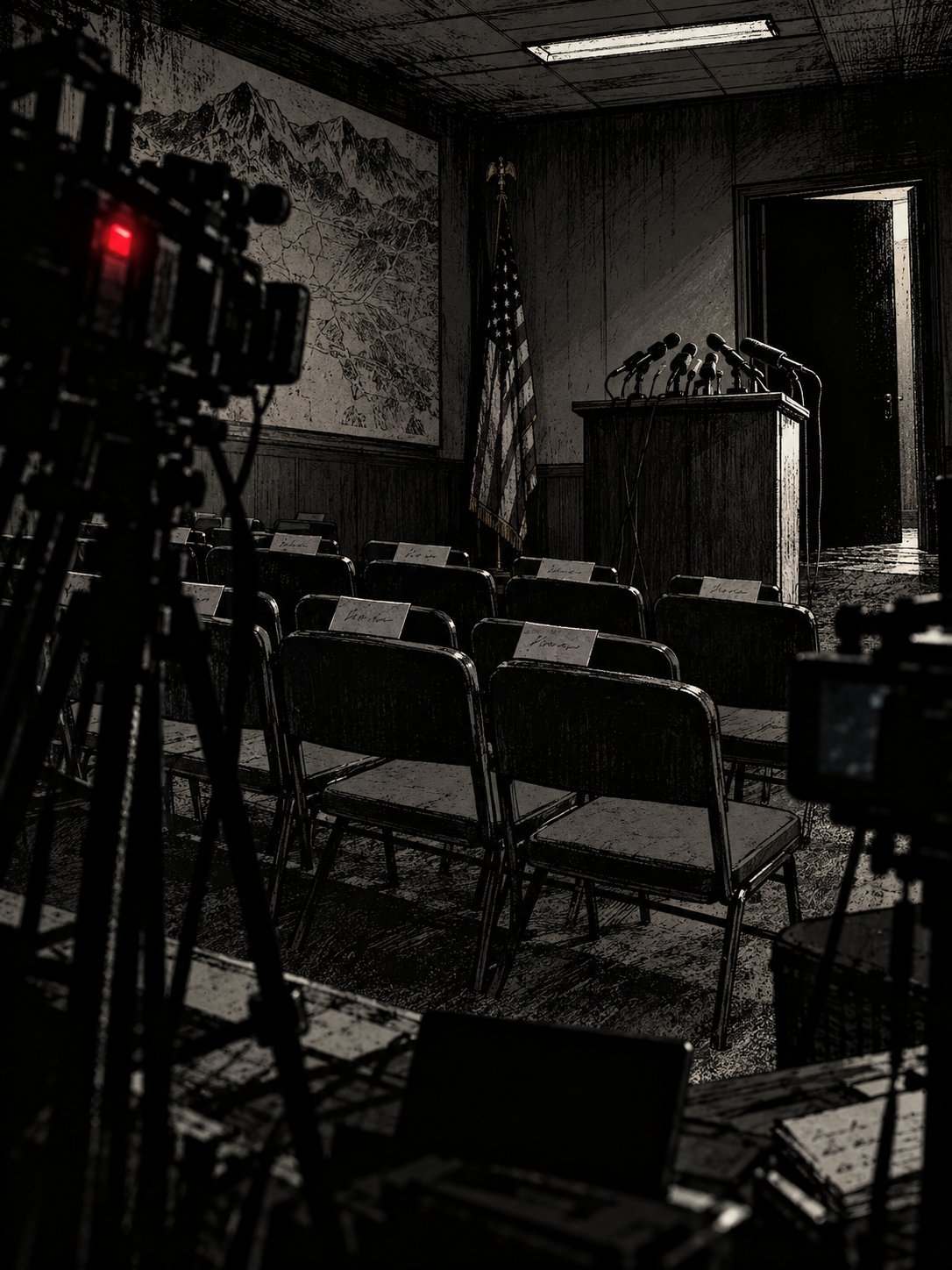 An empty sheriff's press room with a lectern of microphones, cameras on tripods and reserved seats in the front row