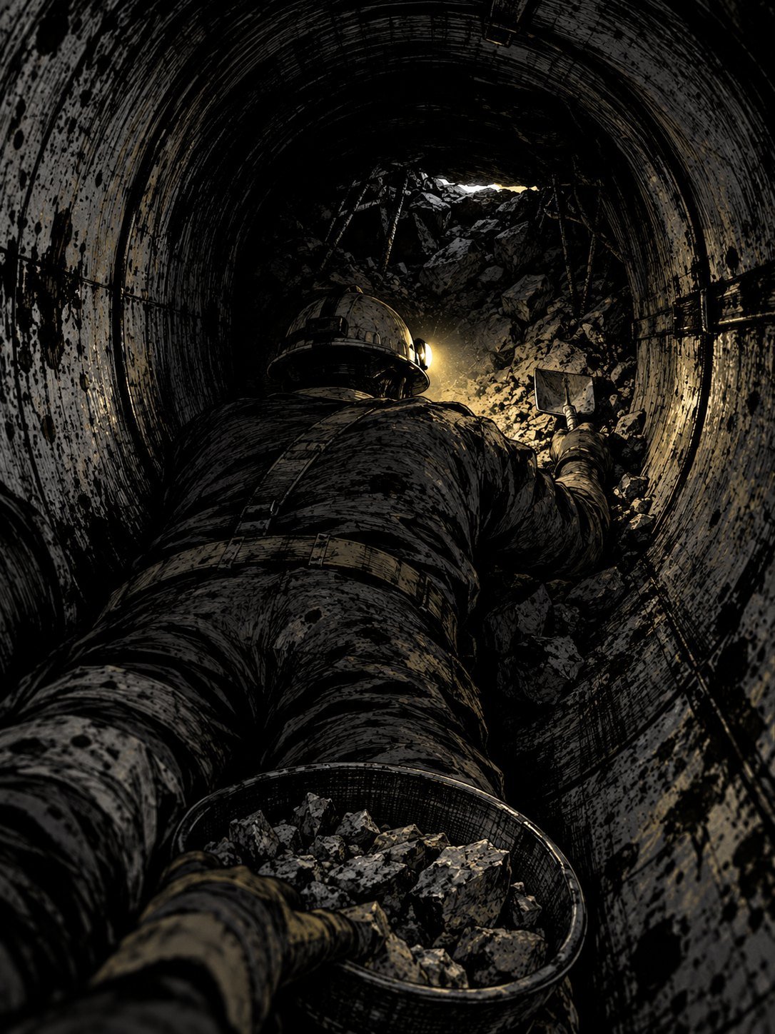 A man seen from behind lying in a narrow steel pipe, digging rubble by hand by the light of a head lamp