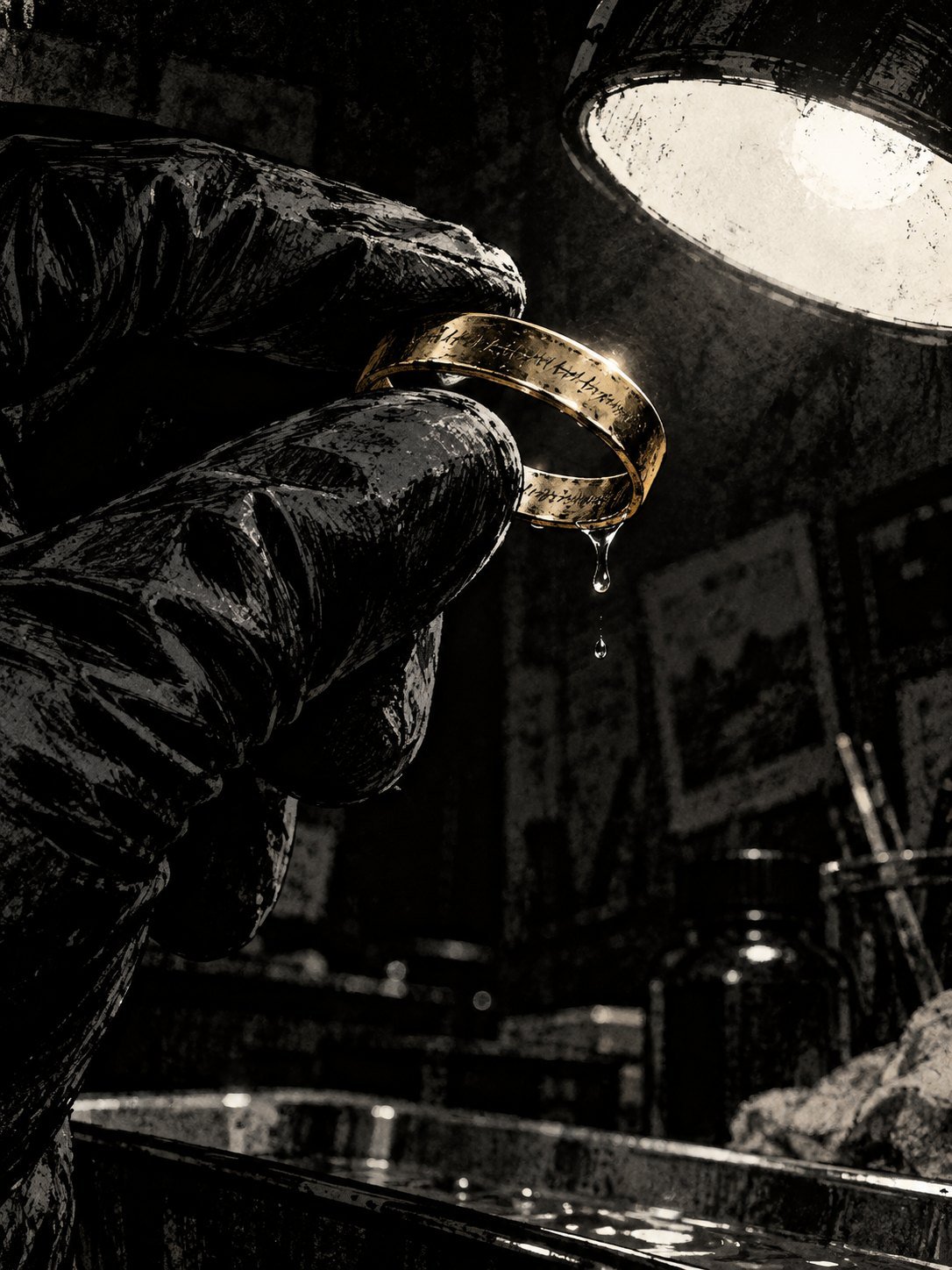 A gloved hand holding a plain gold wedding band up to a lamp; engraving inside the band drawn as fine unreadable strokes