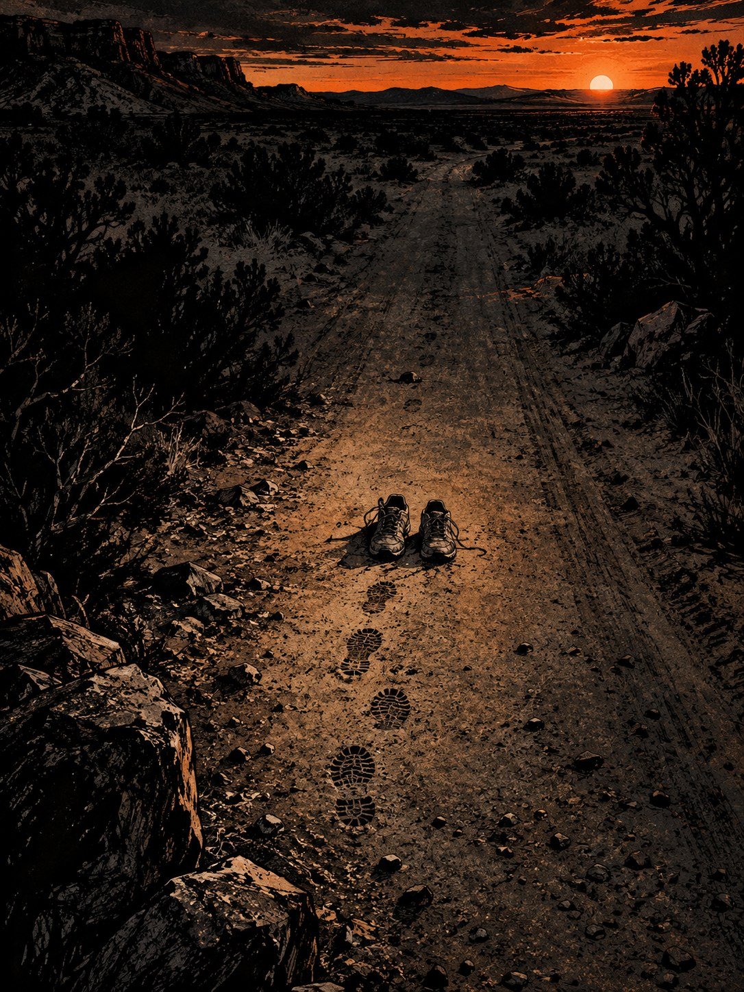Dusk over the Arizona high desert near Seligman: a single dirt road through juniper scrub, a pair of women's shoes left neatly side by side in the middle of the road