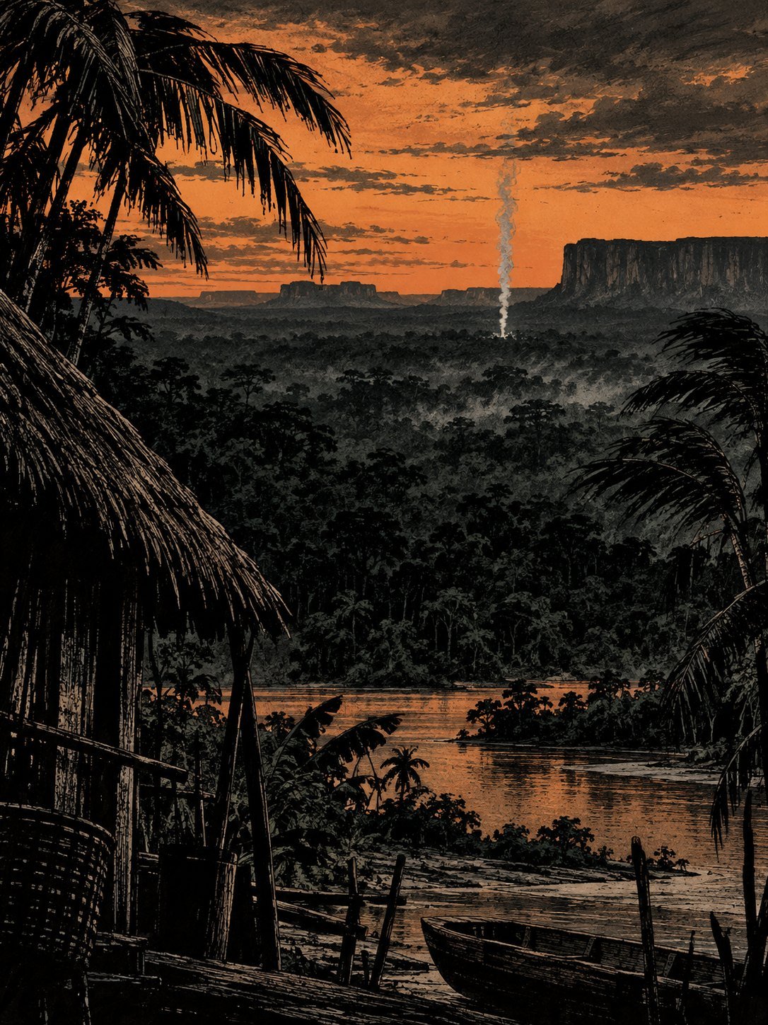 A thread of campfire smoke rising from a dark rainforest at sunset, seen from a riverside village