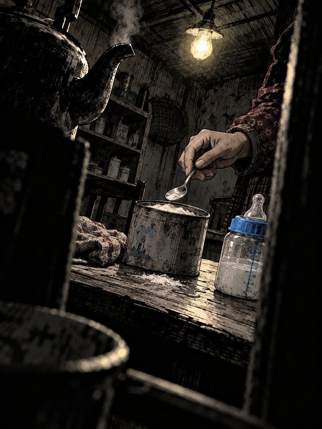 A hand dips a spoon into a tin of white powder beside a baby bottle under a bare bulb