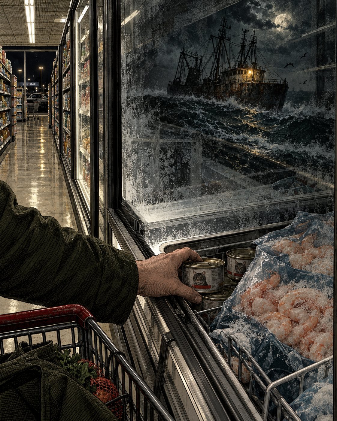 A shopper reaches for cat food in a supermarket freezer whose glass reflects a fishing trawler on a stormy sea