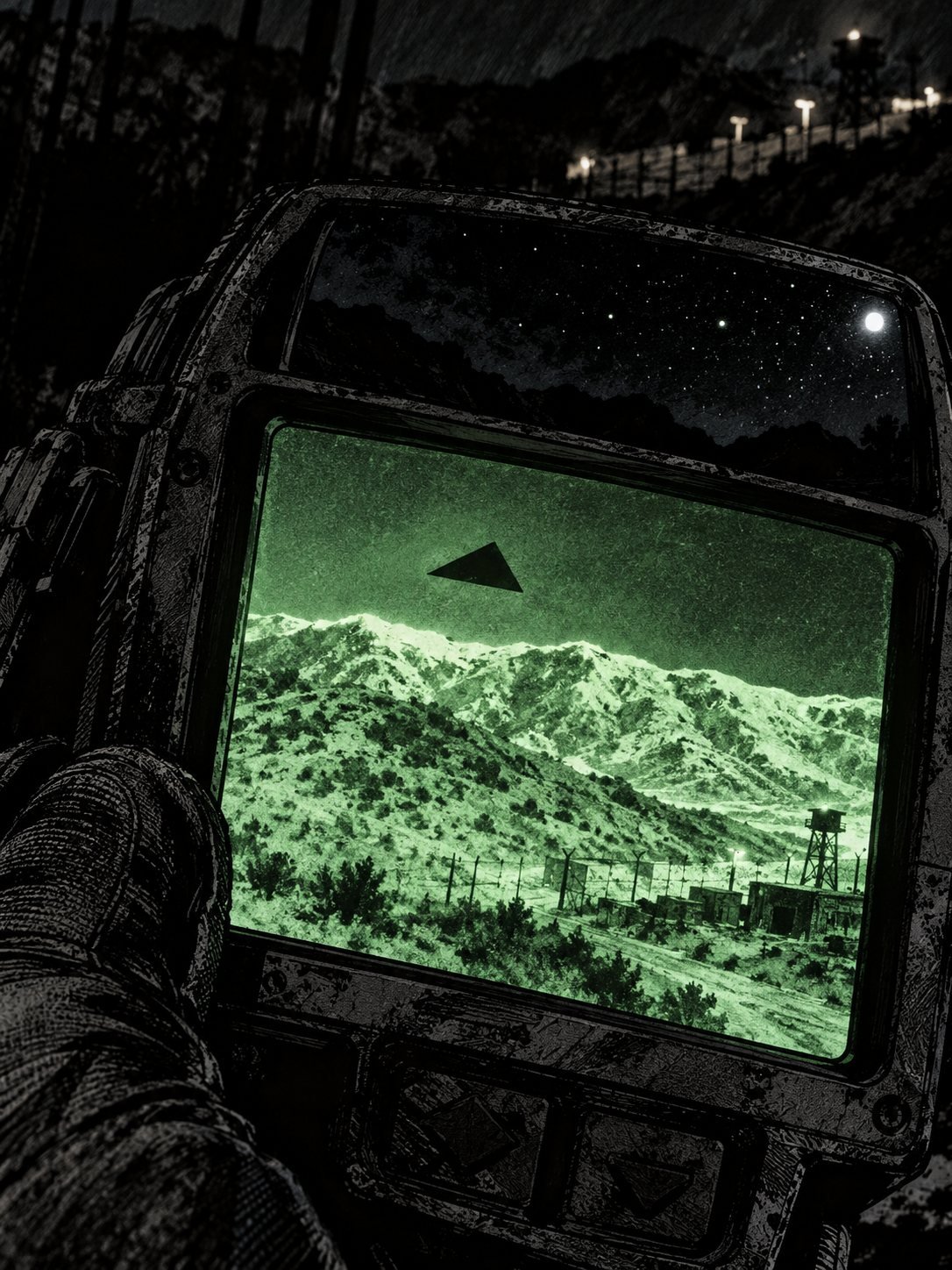 The small screen of a rugged thermal camera fills the frame, held in a gloved hand. On the screen, the ridge glows in hot and cold tones, and in the sky above it hangs a flat trian