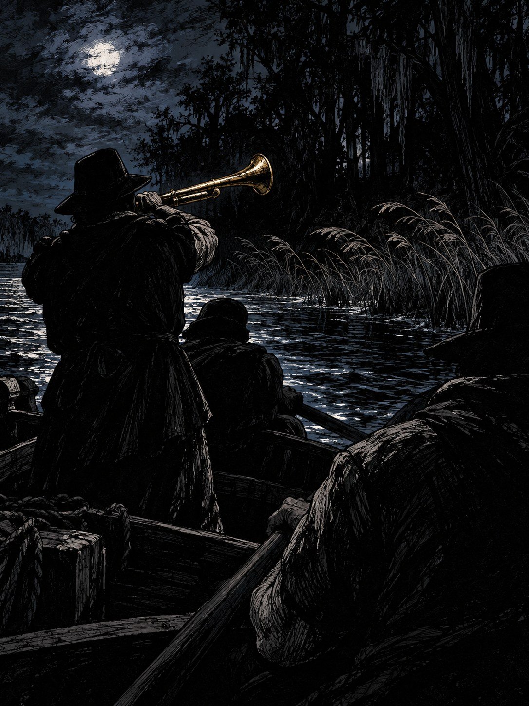 A man in a small boat at night blowing a brass trumpet toward a dark wooded shore