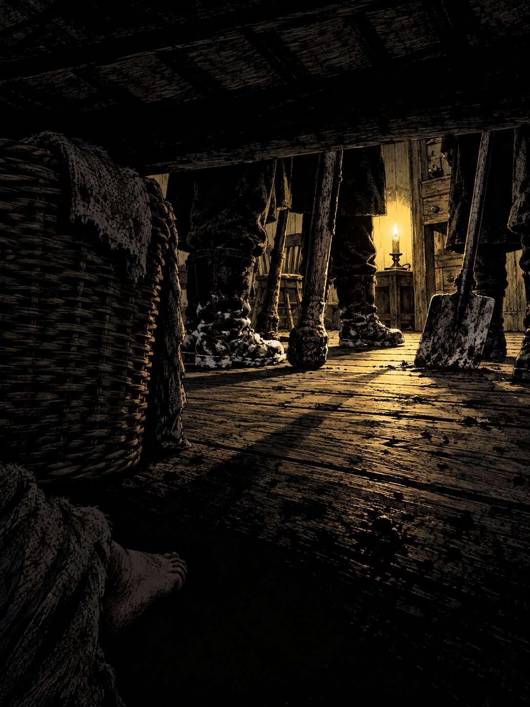 From under a bed behind a wicker basket, boots, clubs and a spade stand on candlelit floorboards beside a small bare foot