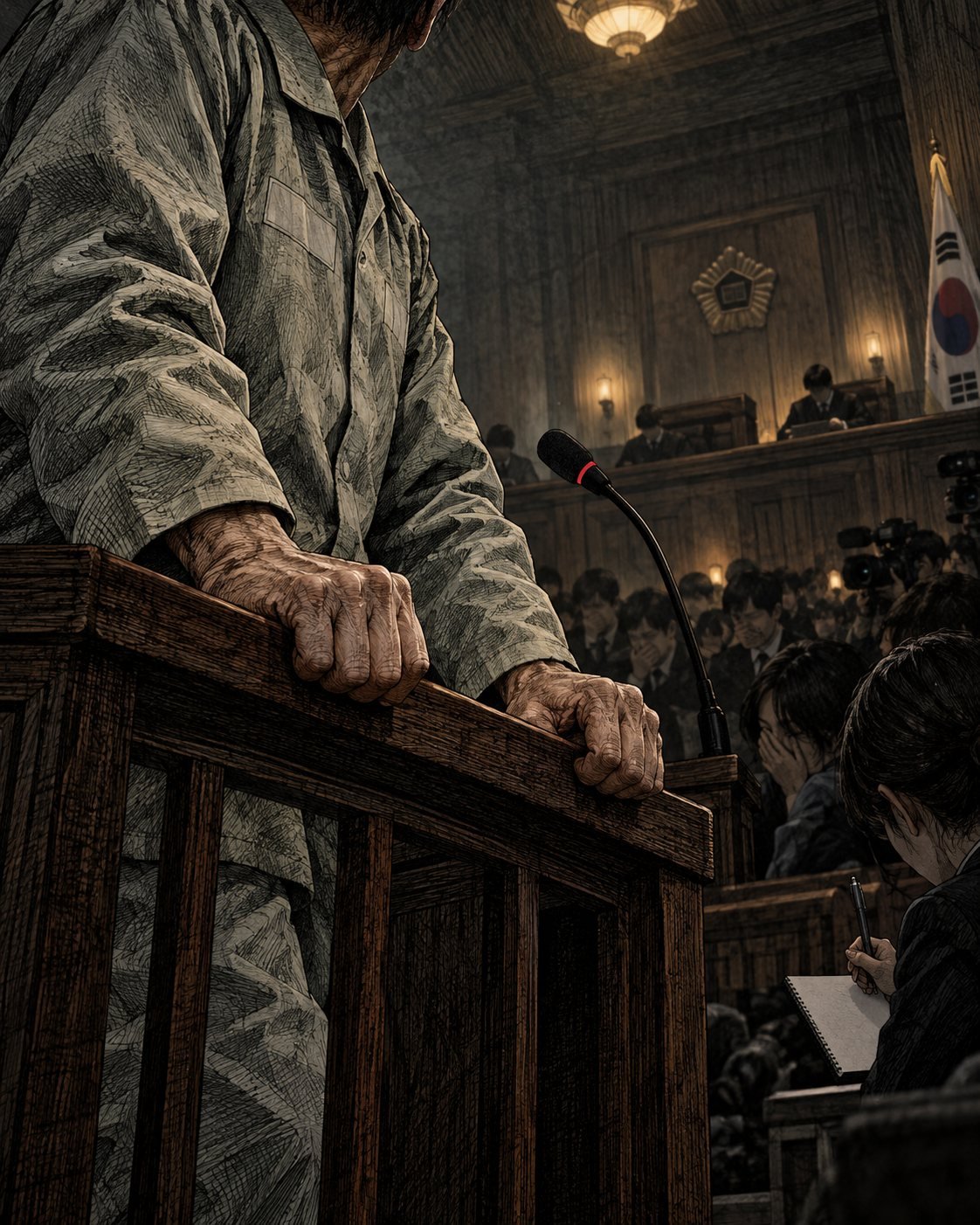 A prisoner's hands grip the rail of a witness stand in a packed Korean courtroom