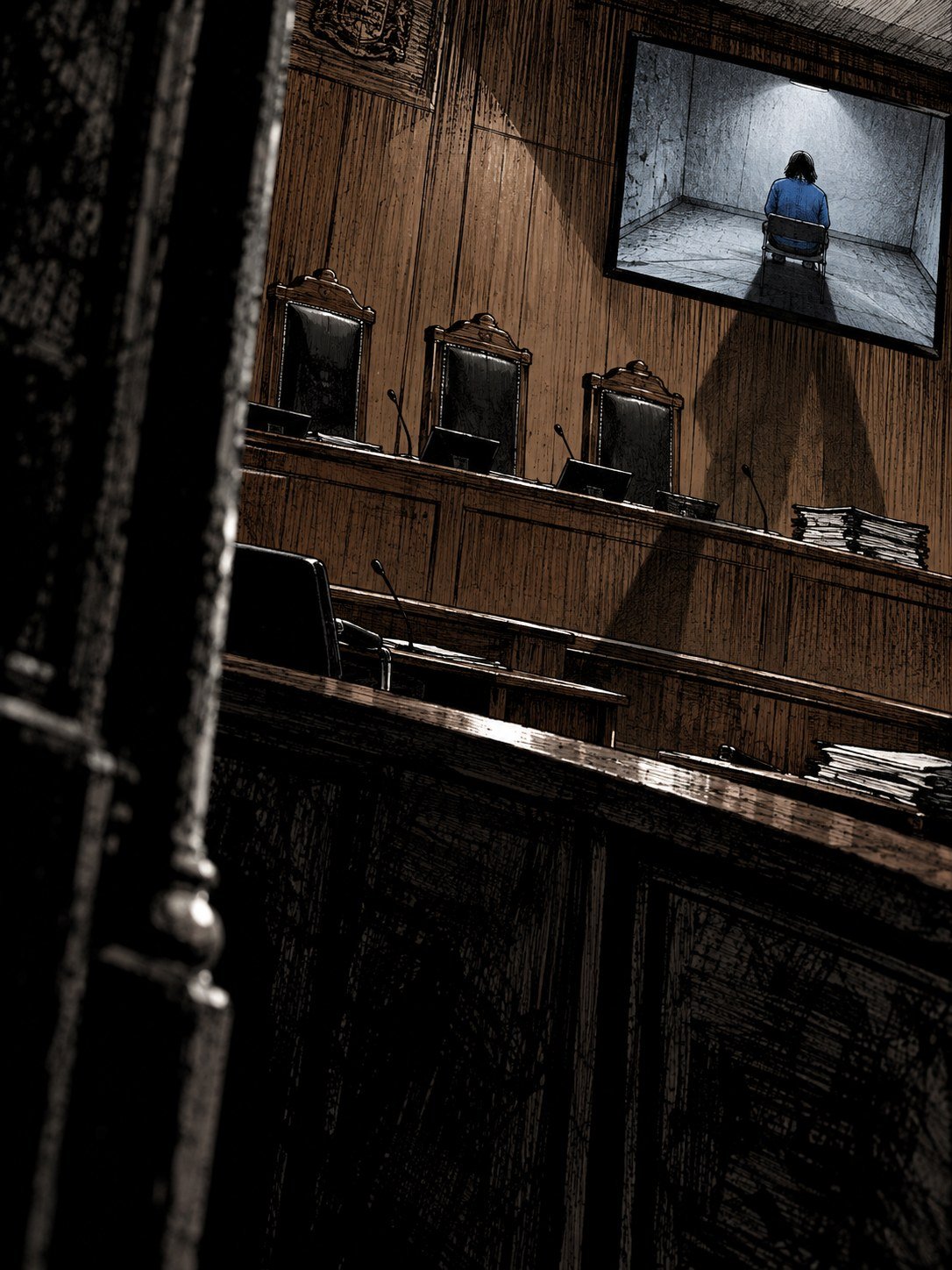 An appeal court with three empty judges' chairs and a video screen showing a figure in a blue jumper from behind