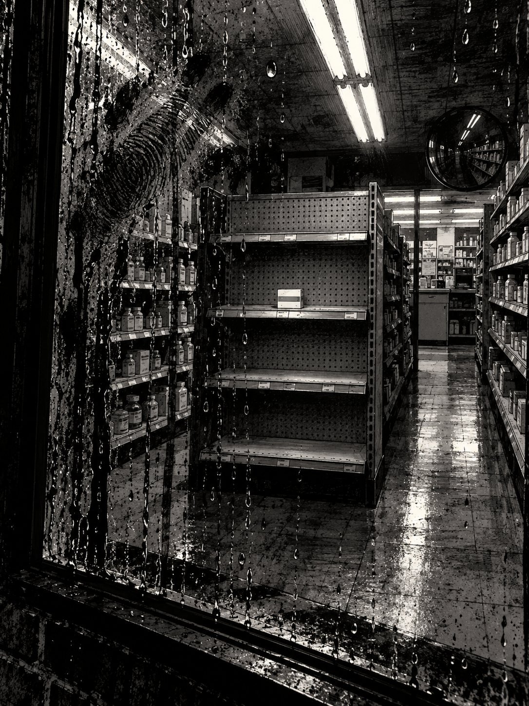 An empty fluorescent drugstore aisle. Every shelf is stocked and neat except one: the painkiller shelf, completely bare, and on the bare shelf sits a single small pill box, placed