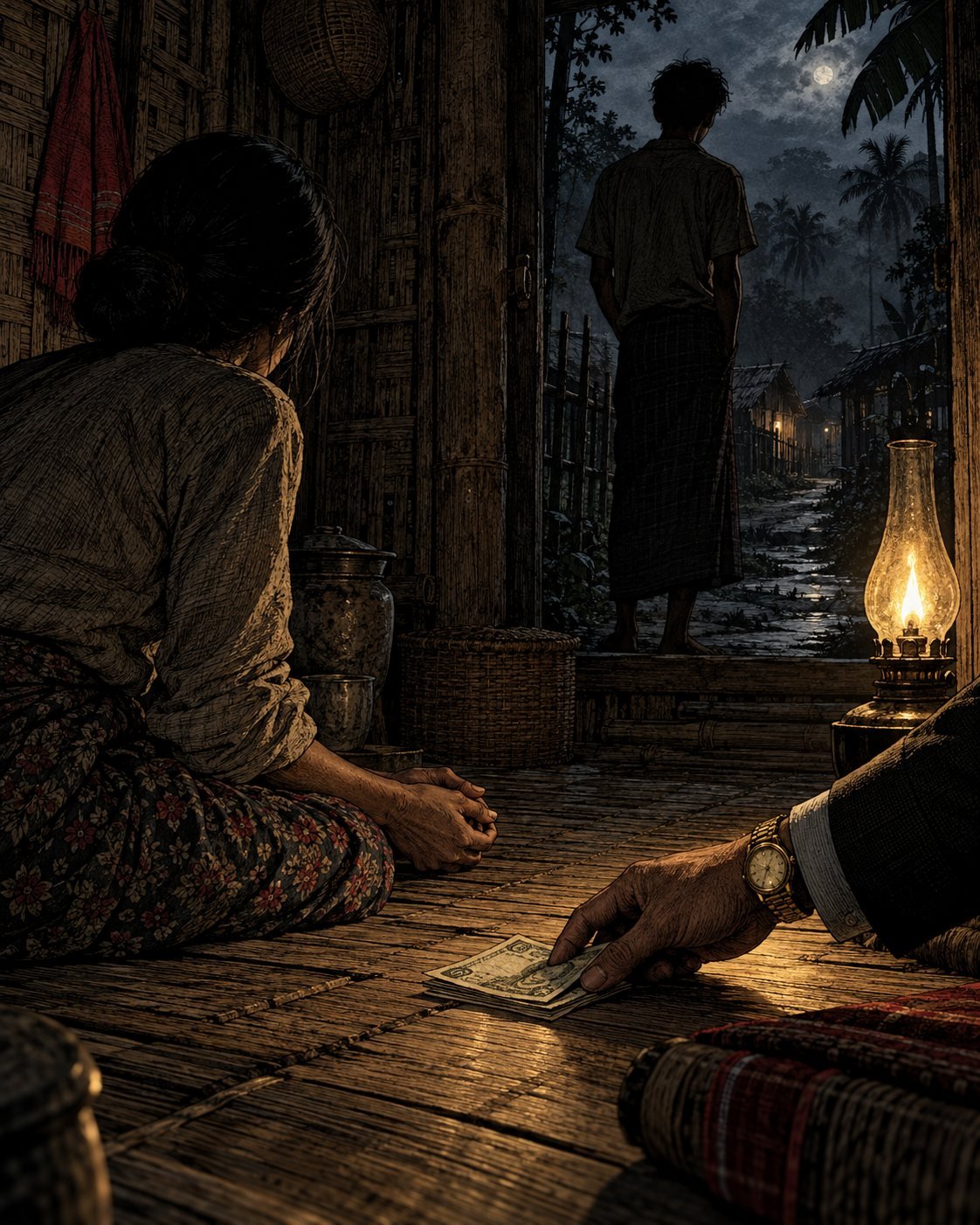 A broker's hand slides banknotes toward a mother by lamplight while her son stands in the doorway at night