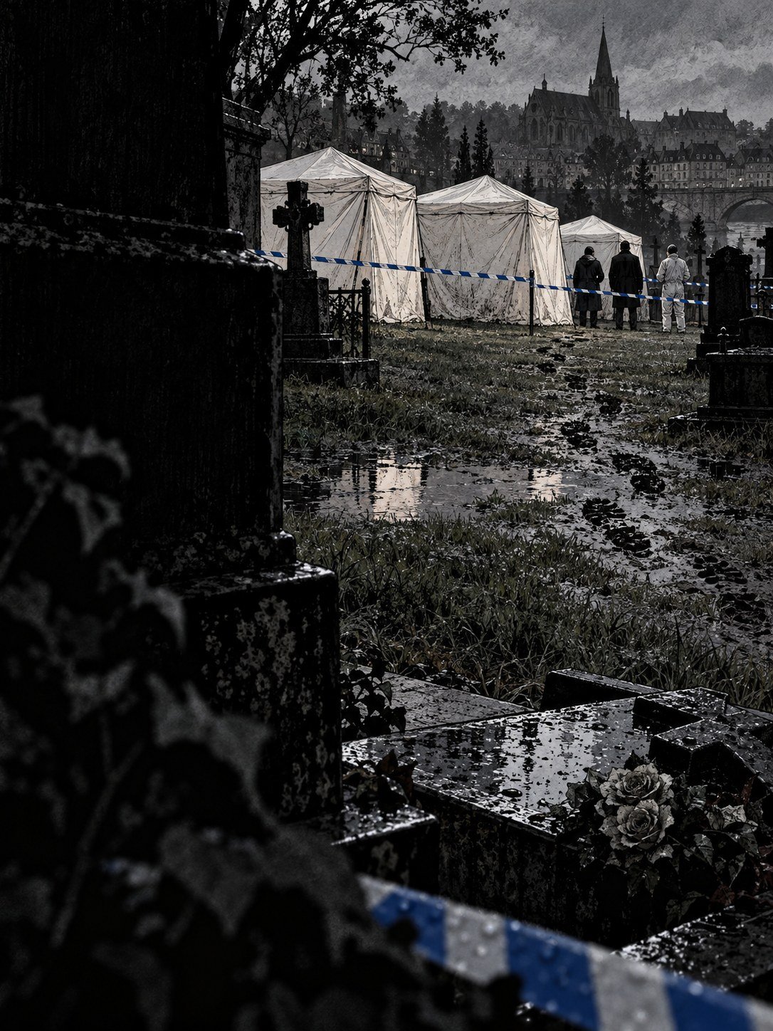 White tents over graves in a French cemetery, investigators far behind tape