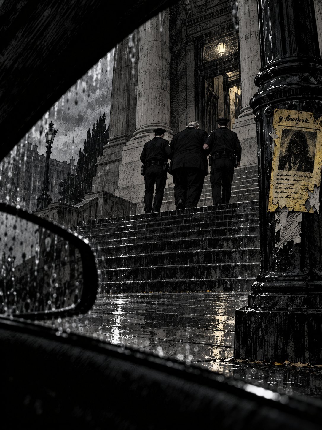 Present day. A puddle on a courthouse footpath fills the bottom of the frame, reflecting an older heavy-set man in a dark suit led up the sandstone steps between two officers, seen