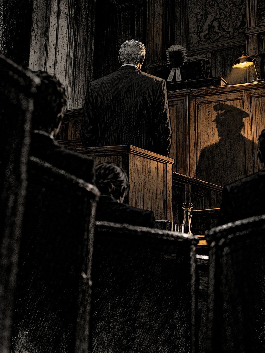 1985, an English crown court: a tall grey-haired man in a dark suit seen from behind in the dock, a judge's bench beyond