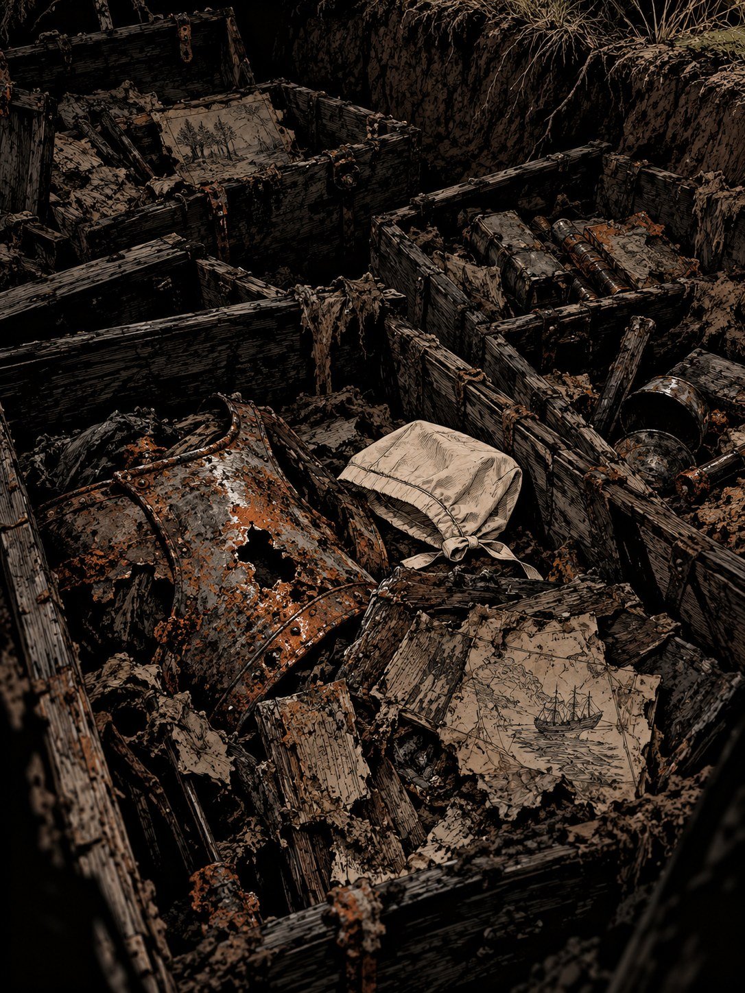 Old sea chests broken open in a trench, rusted armour, ruined maps and one clean white cap