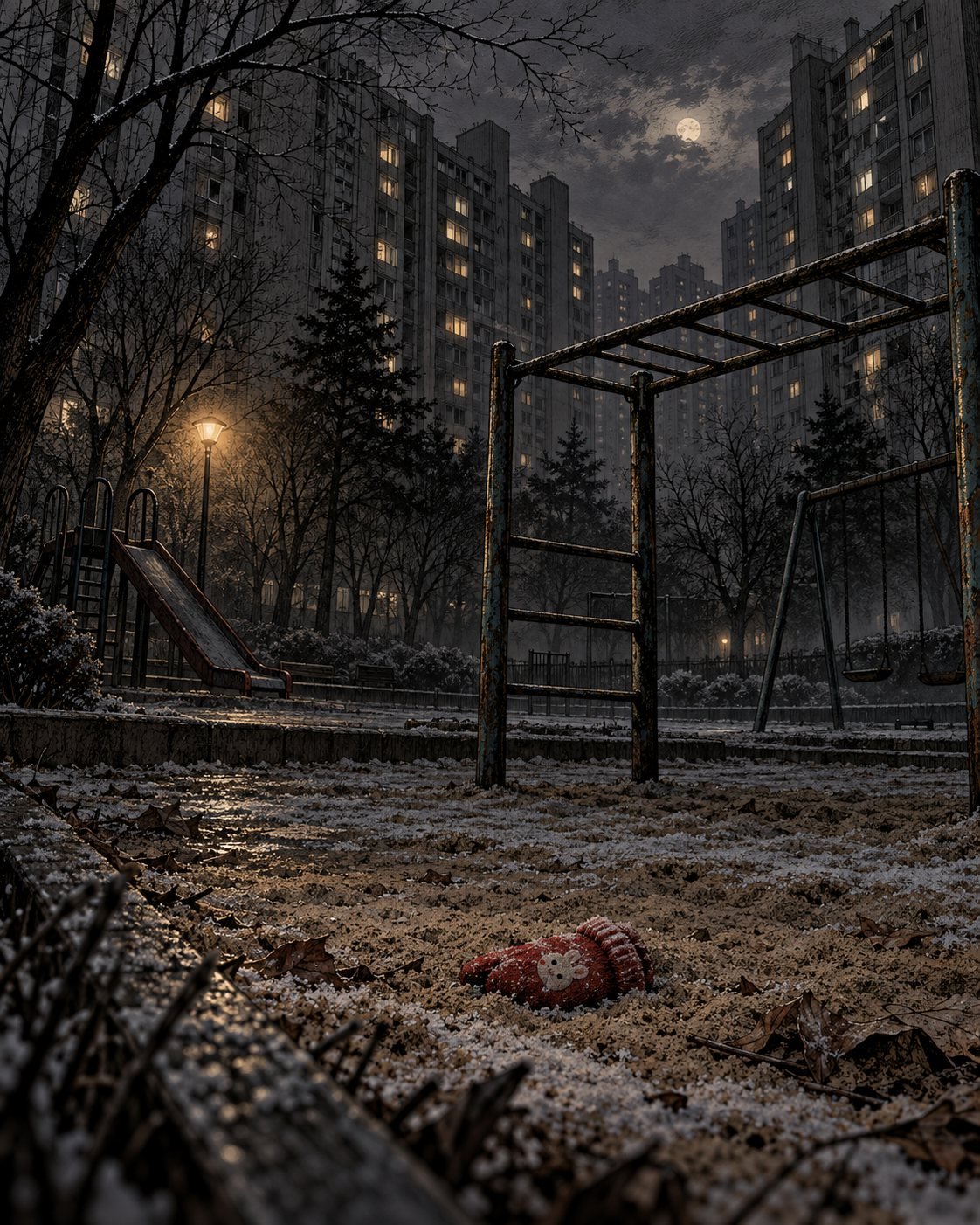 An empty apartment playground at night in winter with a small red mitten lying in the frosted sand