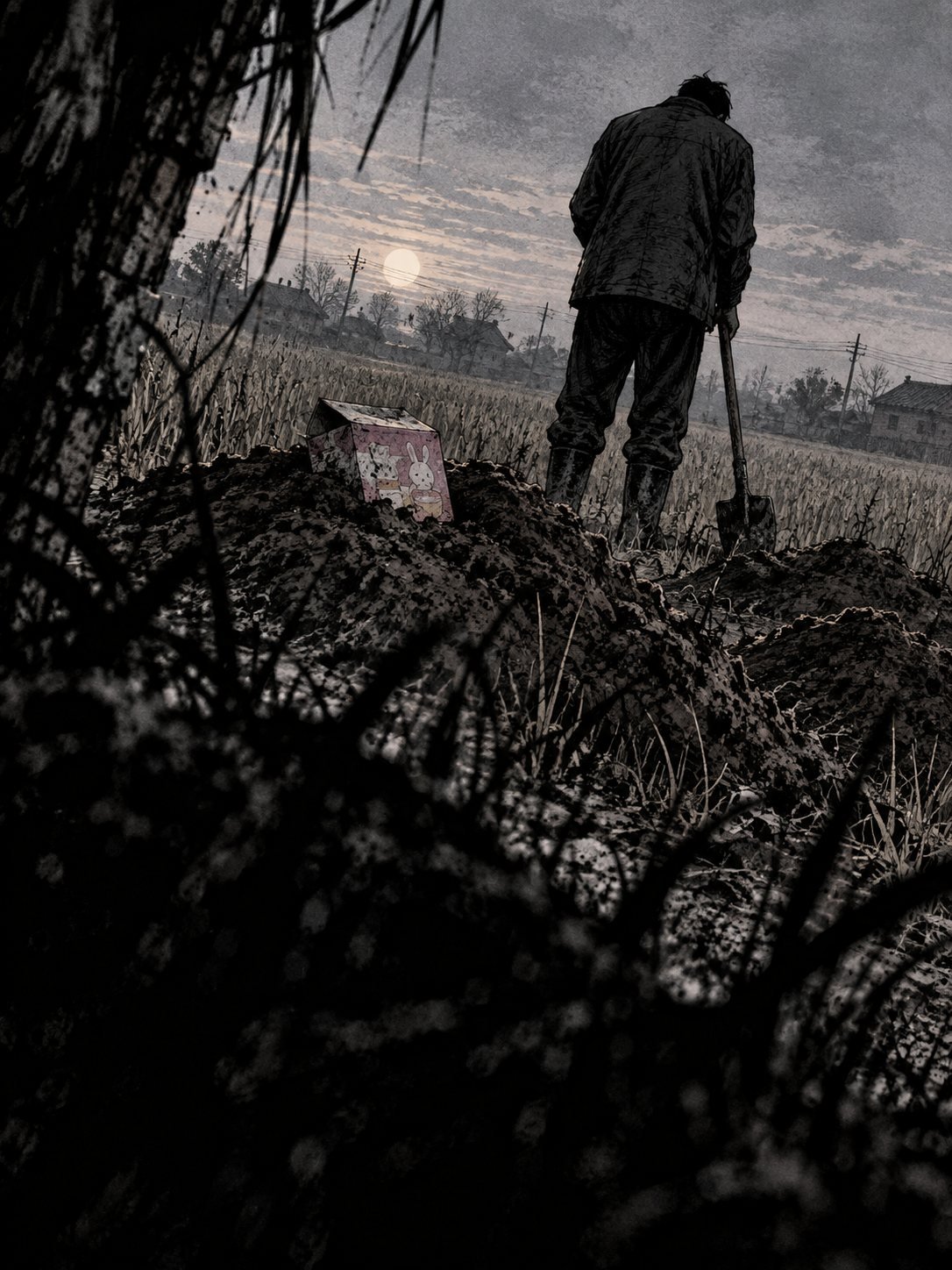 A man with a spade stands by small earth mounds at the edge of a wheat field, an empty formula box on one