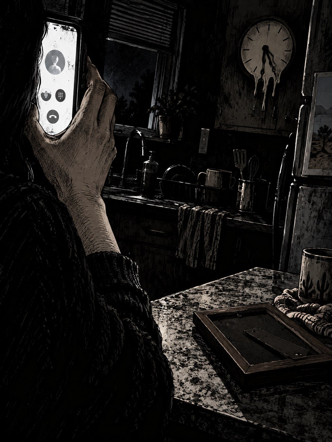 Night, a dark kitchen: a woman's hand presses a phone to her ear, the other hand flat on the counter beside a framed photo turned face-down